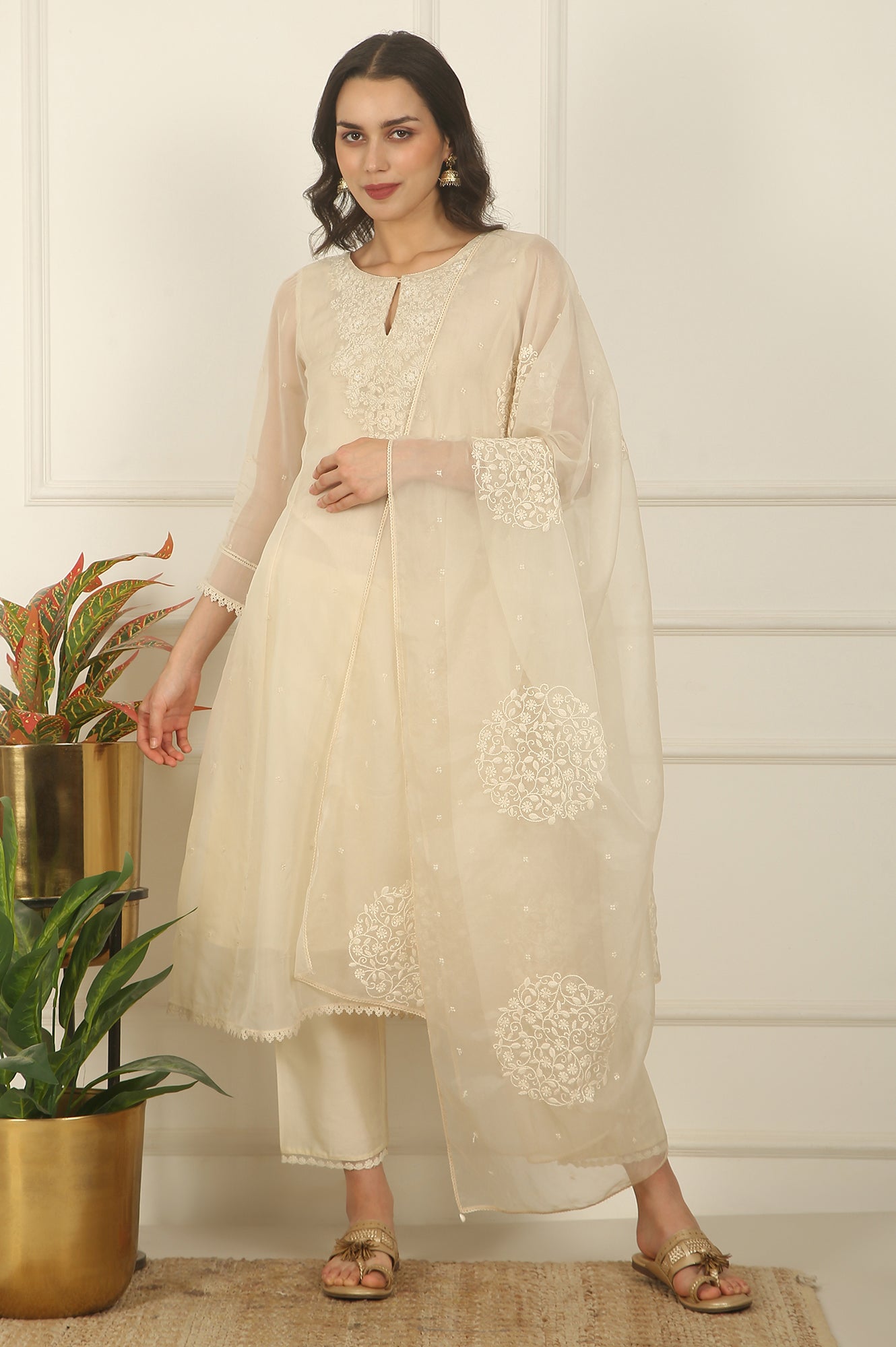 White Embroidered Organza Flared Kurta, Pants and Dupatta Set