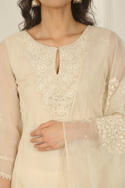 White Embroidered Organza Flared Kurta, Pants and Dupatta Set