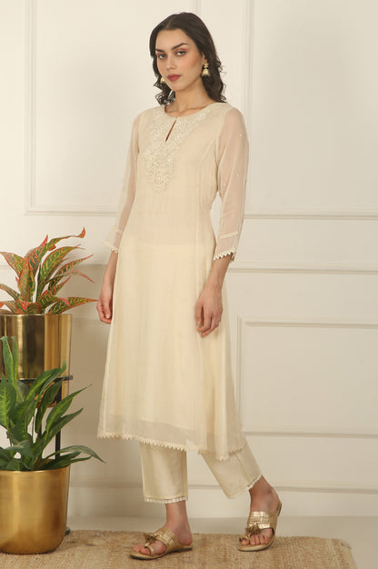 White Embroidered Organza Flared Kurta, Pants and Dupatta Set