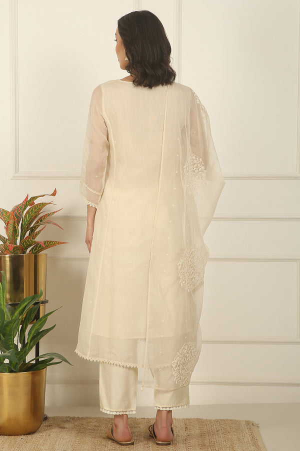 White Embroidered Organza Flared Kurta, Pants and Dupatta Set