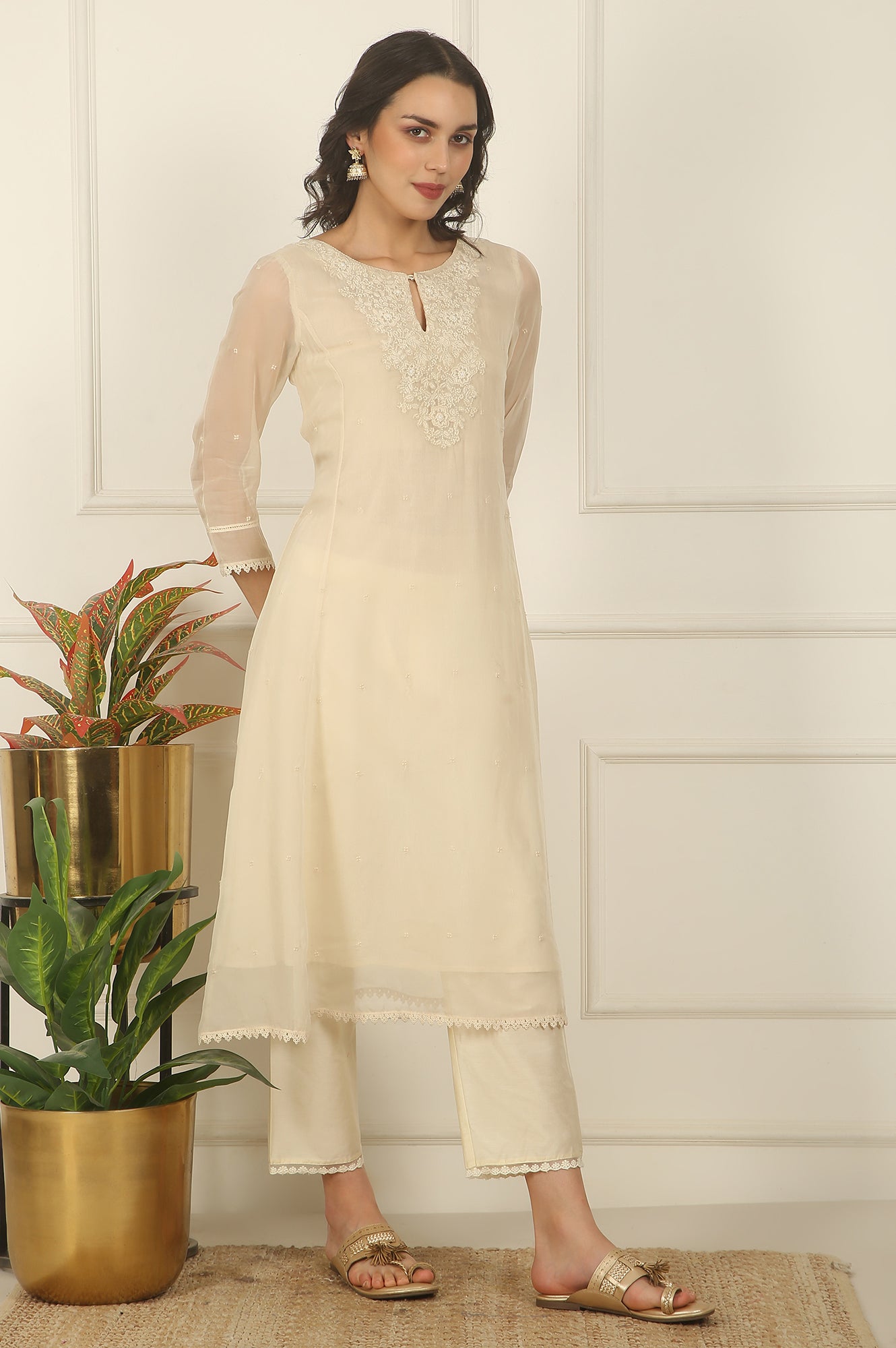 White Embroidered Organza Flared Kurta, Pants and Dupatta Set