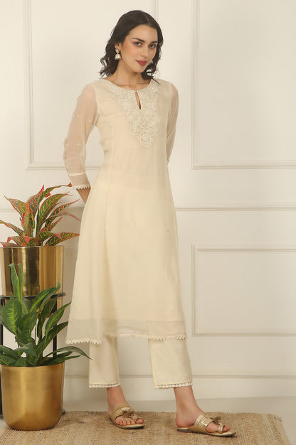 White Embroidered Organza Flared Kurta, Pants and Dupatta Set