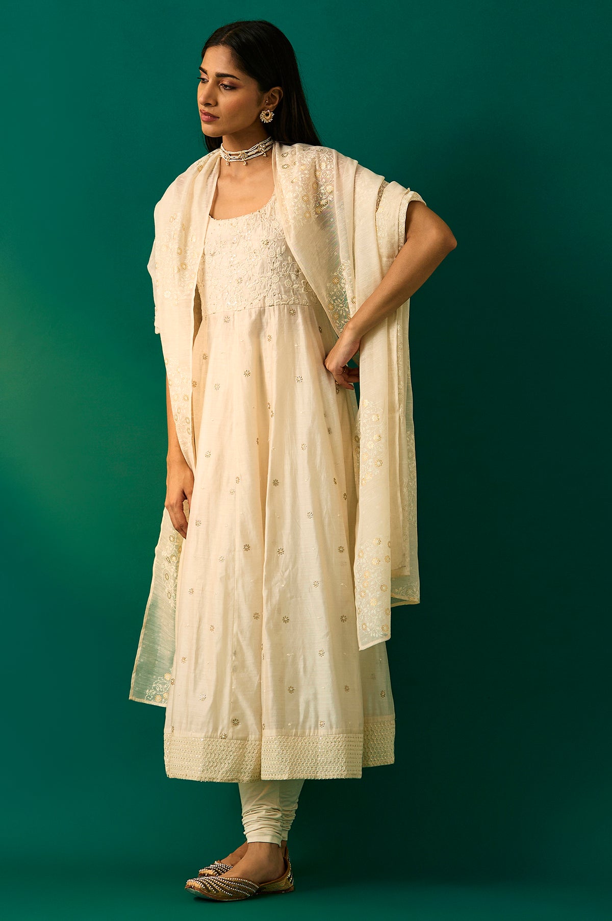 White Thread Embroidered Chanderi Sleeveless Flared Kurta, Churidar and Dupatta Set - L
