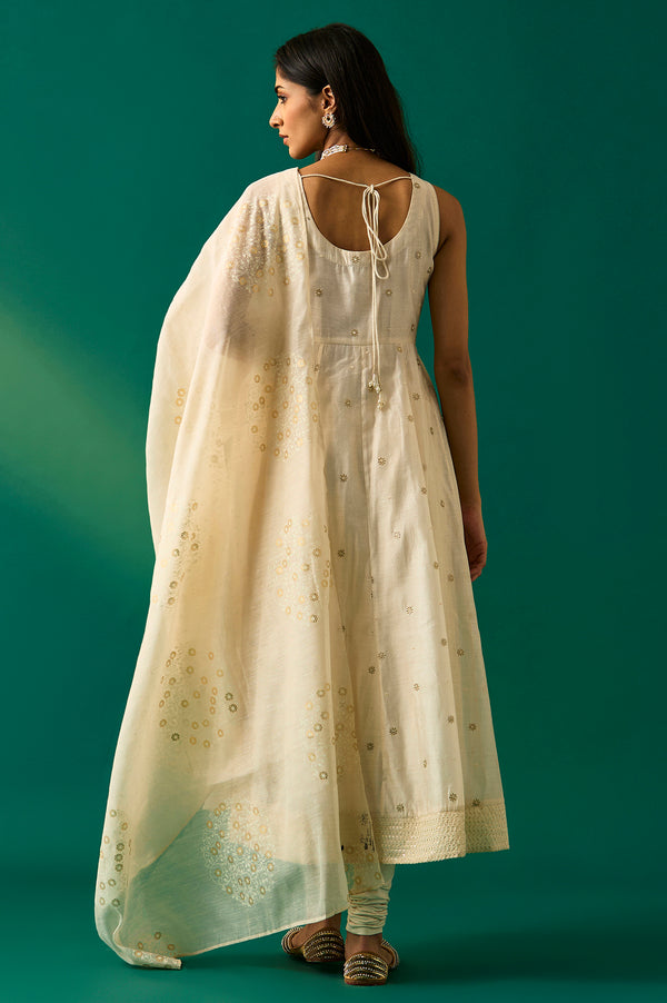 White Thread Embroidered Chanderi Sleeveless Flared Kurta, Churidar and Dupatta Set