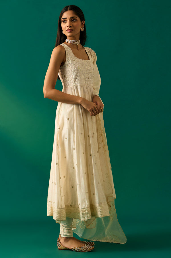 White Thread Embroidered Chanderi Sleeveless Flared Kurta, Churidar and Dupatta Set