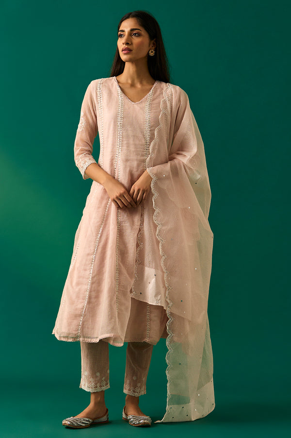 Pastel Pink Embroidered Festive Anarkali Kurta, Pants and Dupatta Set
