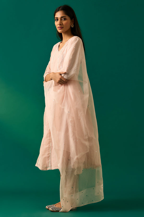 Pastel Pink Embroidered Festive Anarkali Kurta, Pants and Dupatta Set