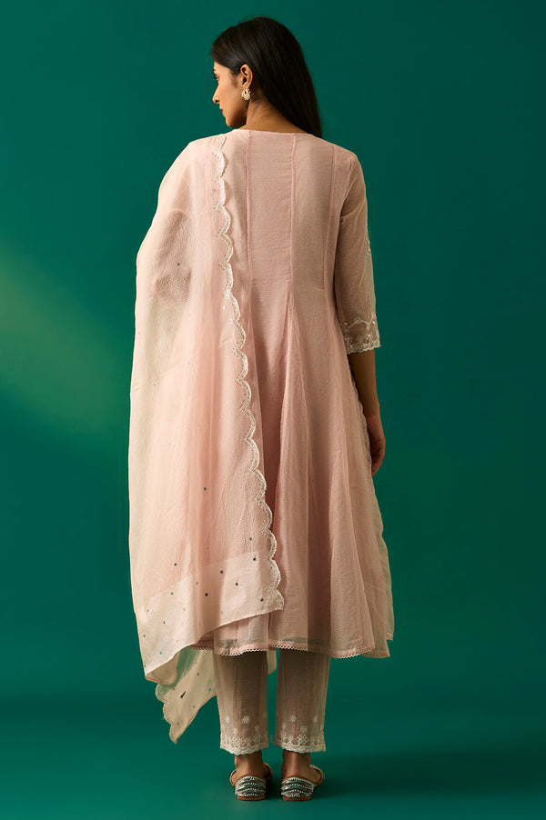 Pastel Pink Embroidered Festive Anarkali Kurta, Pants and Dupatta Set