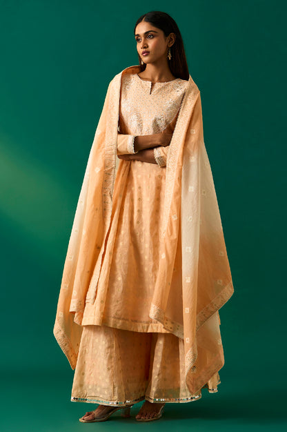 Peach Yarn Dyed Printed Chandari Jaquard Flared Kurta, Culotte and Dupatta Set