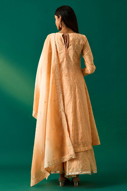 Peach Yarn Dyed Printed Chandari Jaquard Flared Kurta, Culotte and Dupatta Set