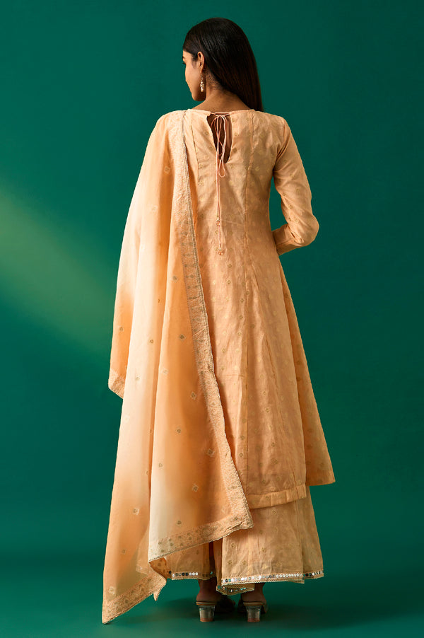Peach Yarn Dyed Printed Chandari Jaquard Flared Kurta, Culotte and Dupatta Set