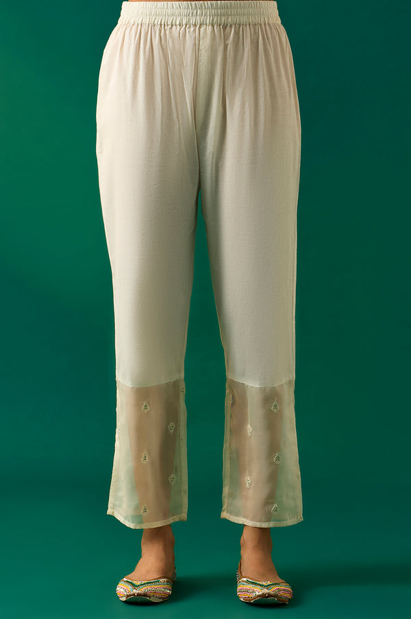 Off White Thread Embroidered Organza Flared Kurta, Pants and Dupatta Set