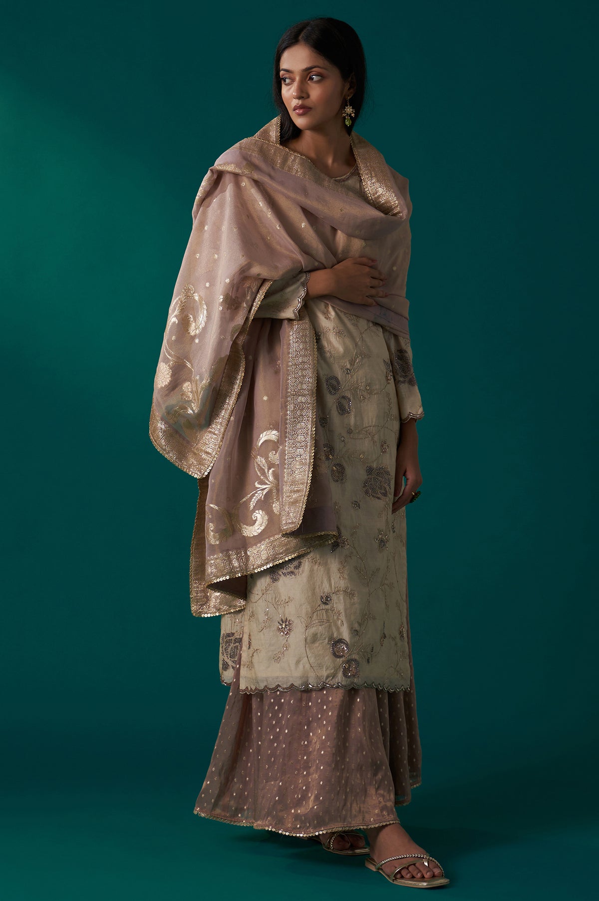 Light Gold Heavy Embroidered Straight Tissue Chanderi Kurta with Culottes and Dupatta Set - S