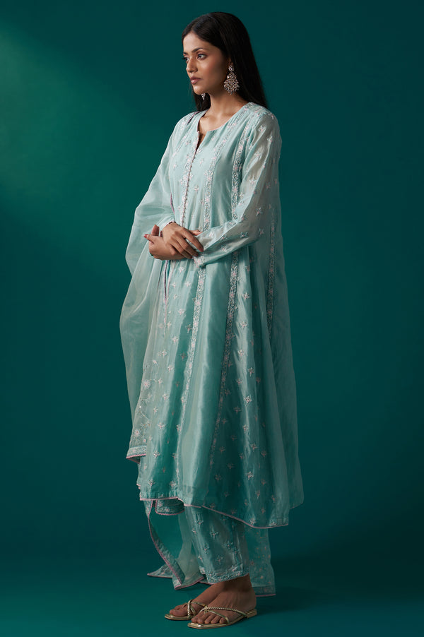 Aqua Mint Thread Embroidered Silk Chanderi Flared Kurta, Straight Pant and Dupatta Set