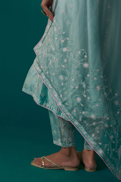 Aqua Mint Thread Embroidered Silk Chanderi Flared Kurta, Straight Pant and Dupatta Set