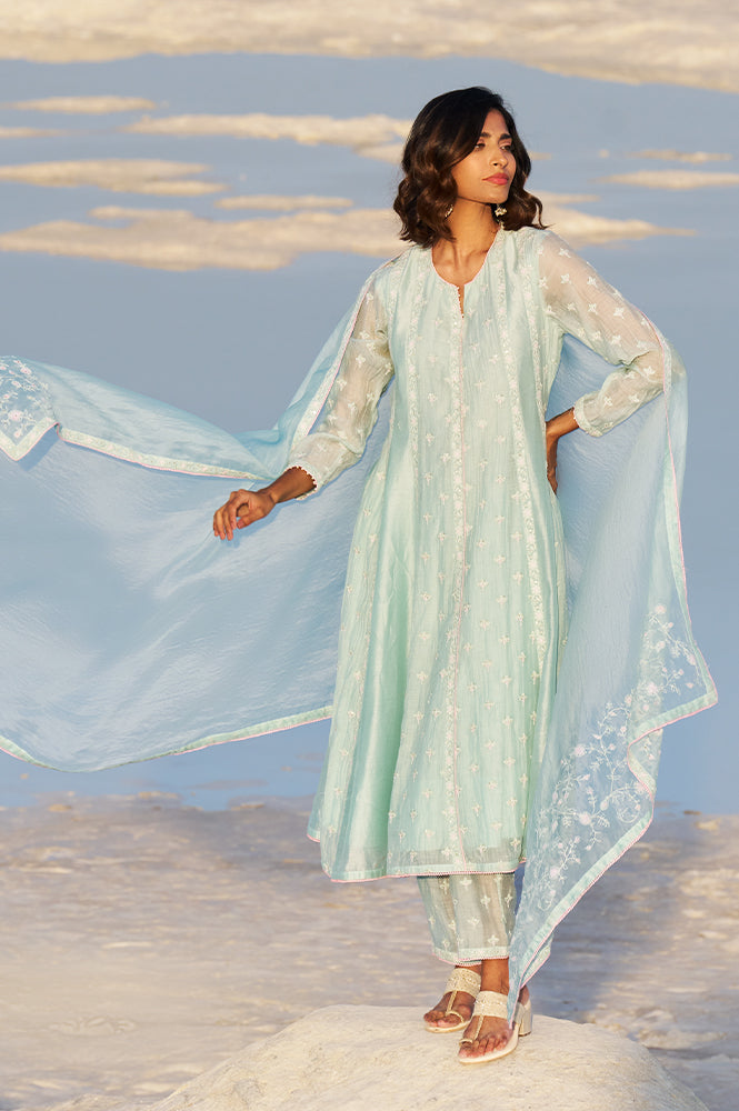 Aqua Mint Thread Embroidered Silk Chanderi Flared Kurta, Straight Pant and Dupatta Set - XS