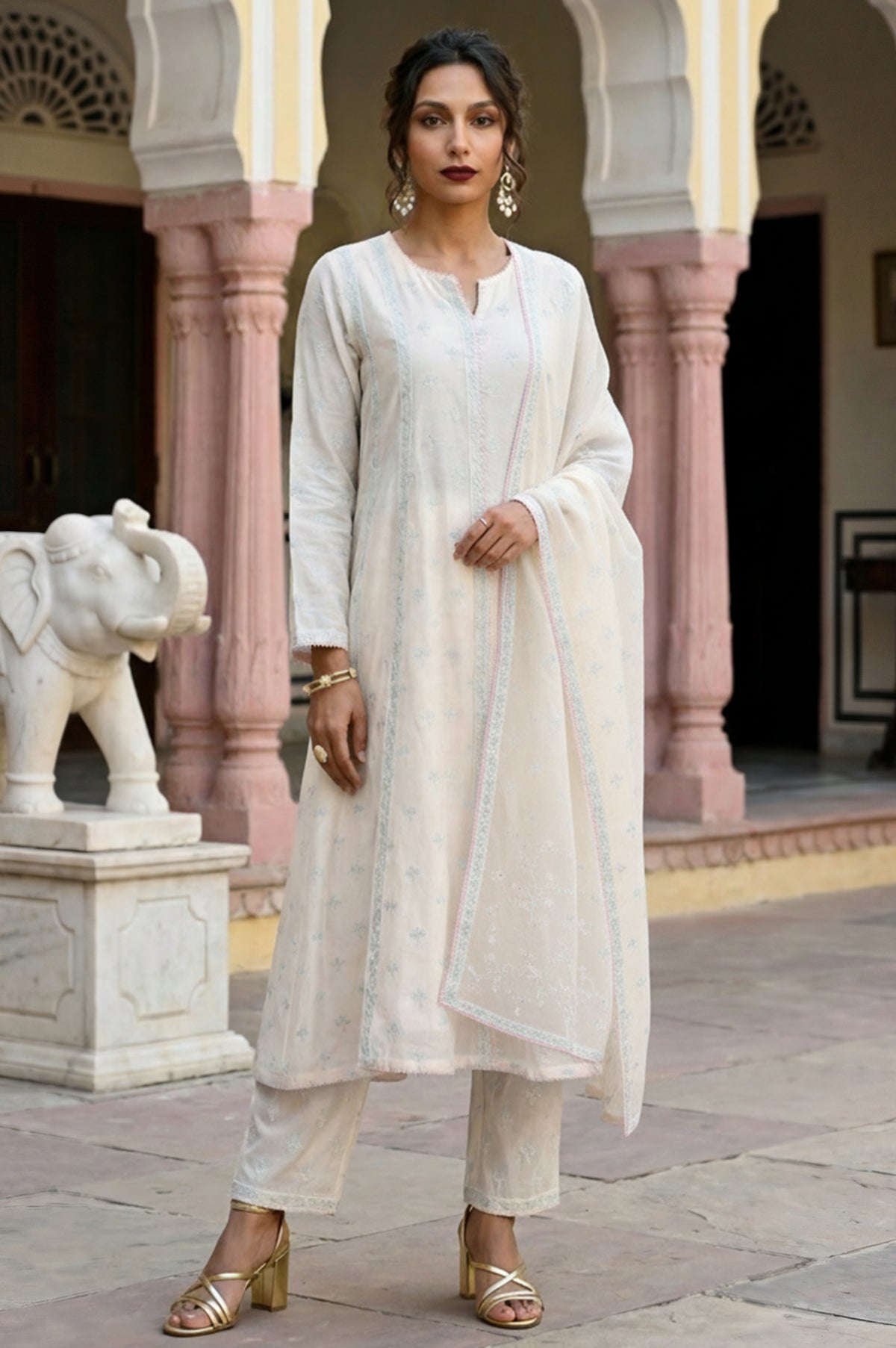 Off White Embroidered Chanderi A-line Kurta with Straight Pants and Dupatta Set - S