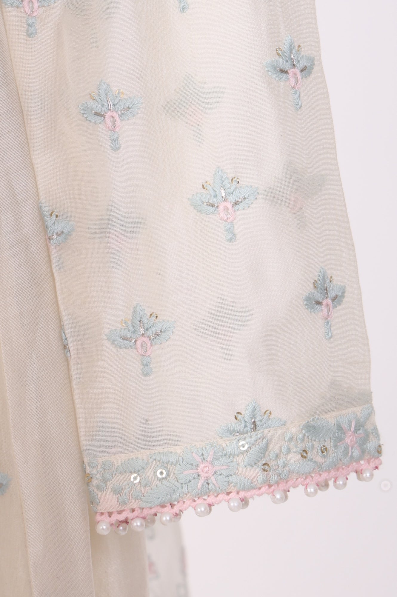Off White Embroidered Chanderi A-line Kurta with Straight Pants and Dupatta Set