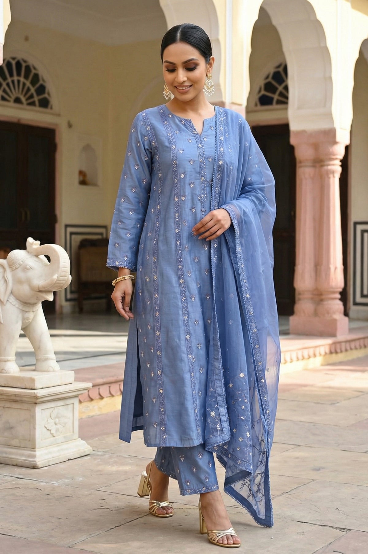 Blue Thread Embroidered Chanderi Straight Kurta with Straight Pants and Dupatta Set - S