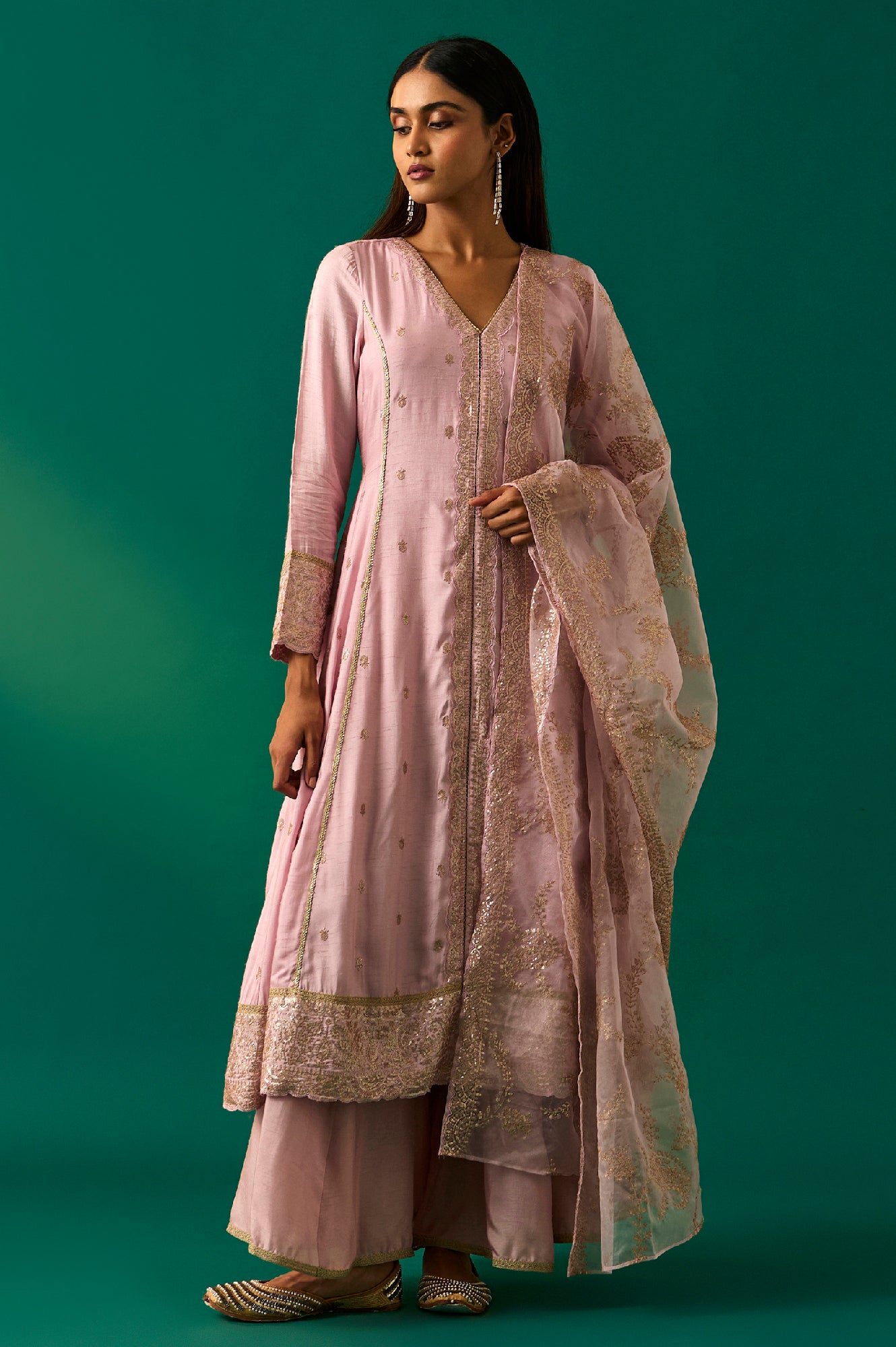Lavendar Zari Embroidered Anarkali Kurta, Cullotes and Dupatta Set