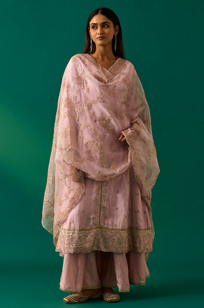 Lavendar Zari Embroidered Anarkali Kurta, Cullotes and Dupatta Set