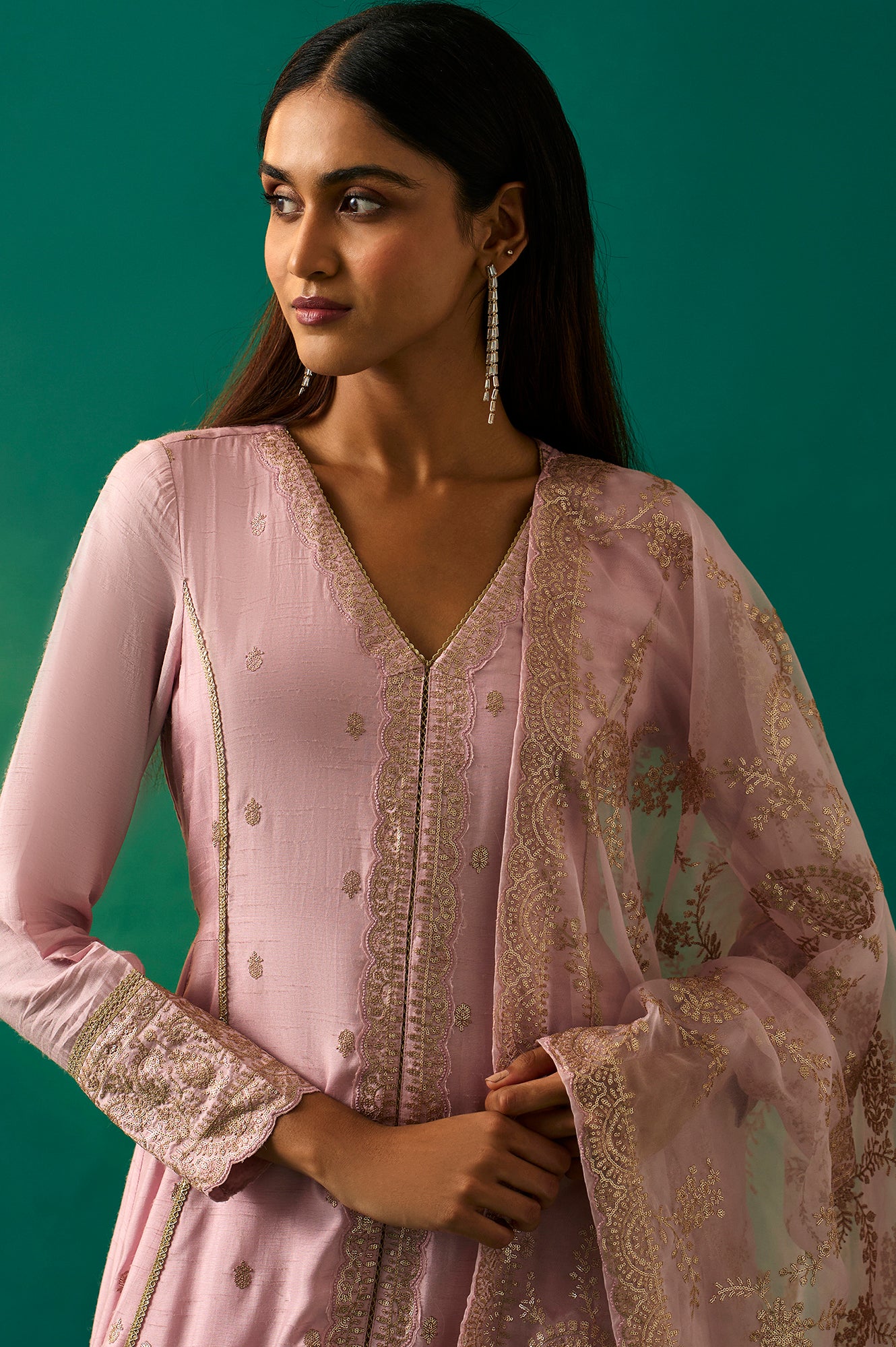 Lavendar Zari Embroidered Anarkali Kurta, Cullotes and Dupatta Set