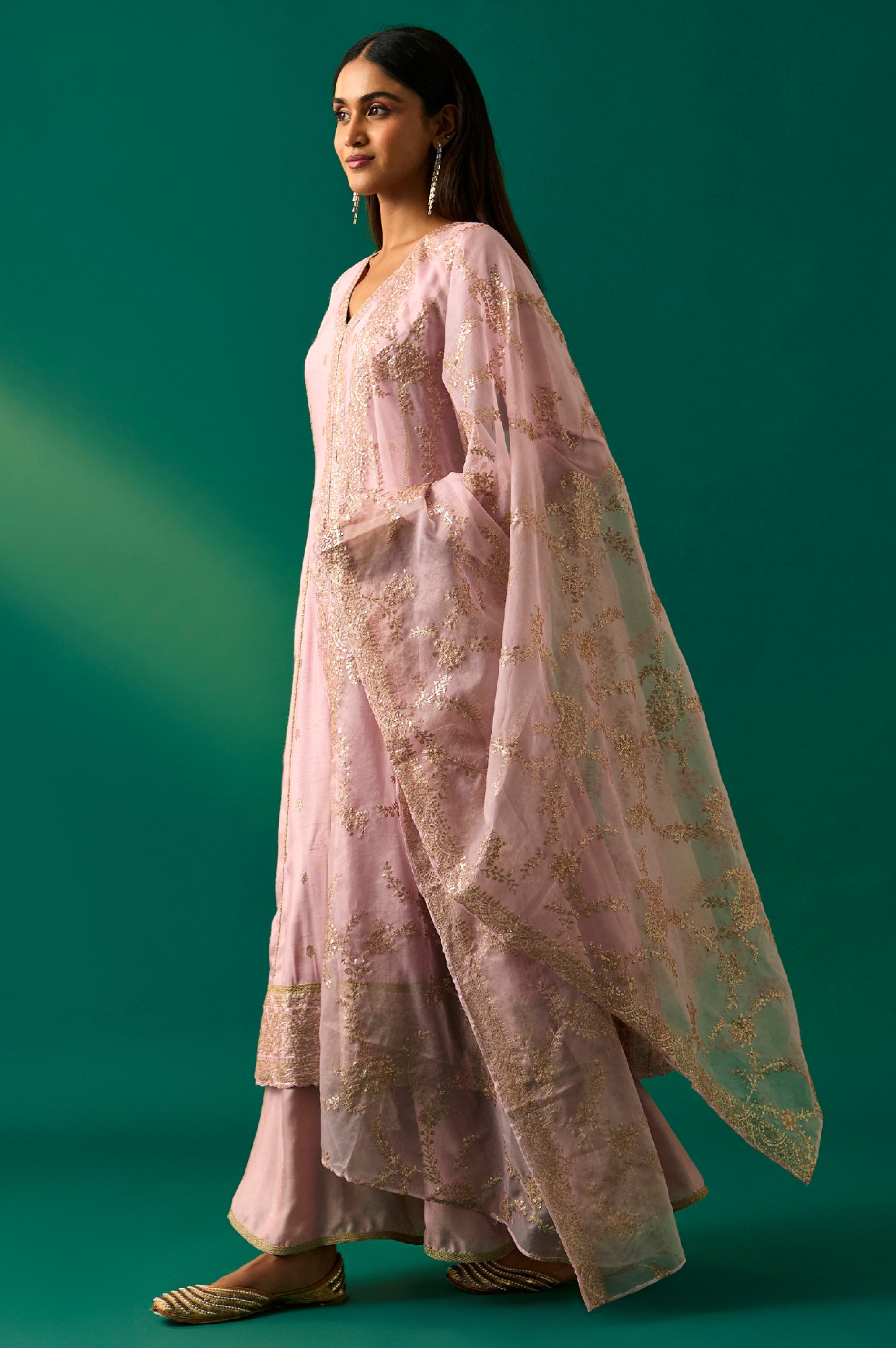 Lavendar Zari Embroidered Anarkali Kurta, Cullotes and Dupatta Set