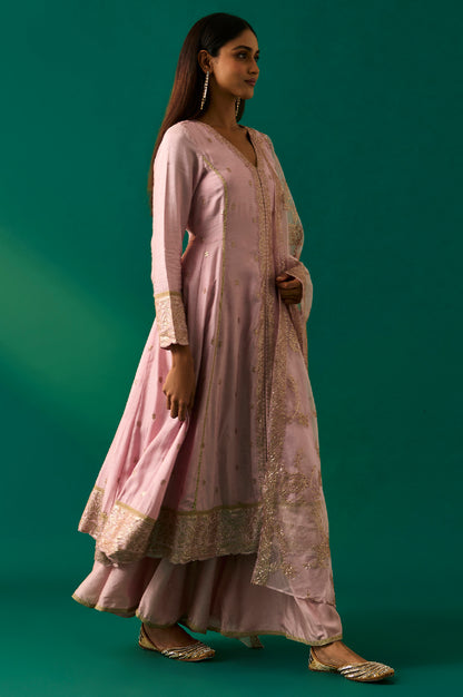 Lavendar Zari Embroidered Anarkali Kurta, Cullotes and Dupatta Set