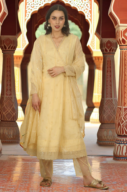 Yellow Embroidered Organza Angarakha Kurta, Pants and Dupatta Set
