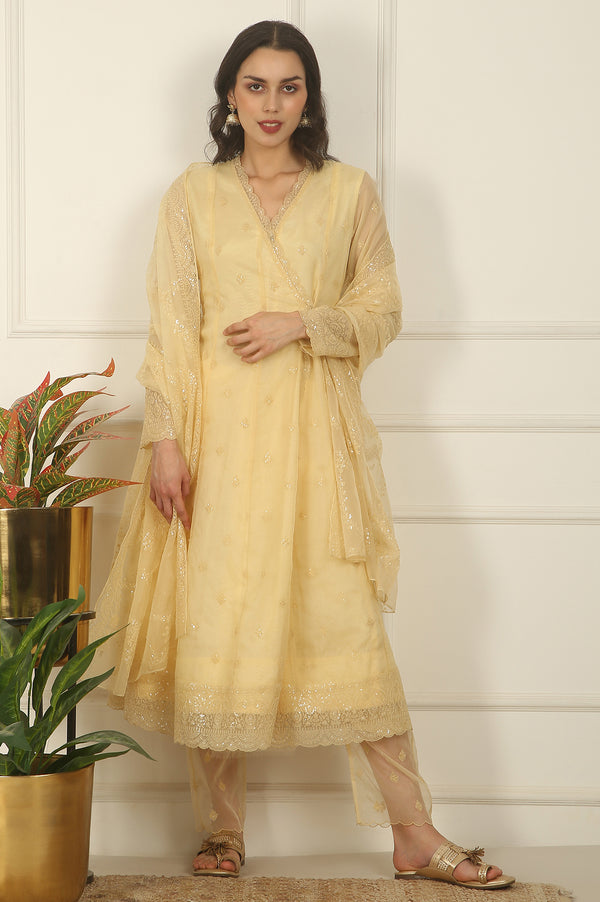 Yellow Embroidered Organza Angarakha Kurta, Pants and Dupatta Set