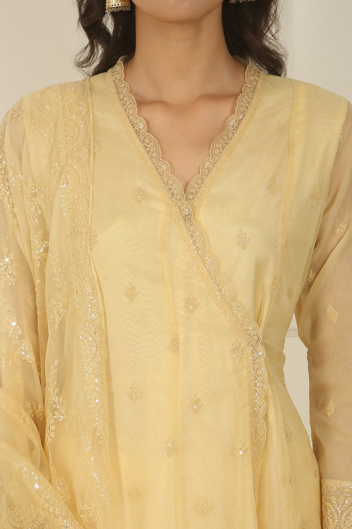 Yellow Embroidered Organza Angarakha Kurta, Pants and Dupatta Set