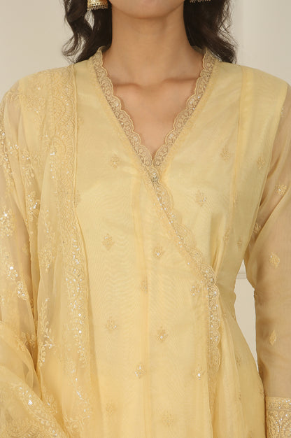 Yellow Embroidered Organza Angarakha Kurta, Pants and Dupatta Set