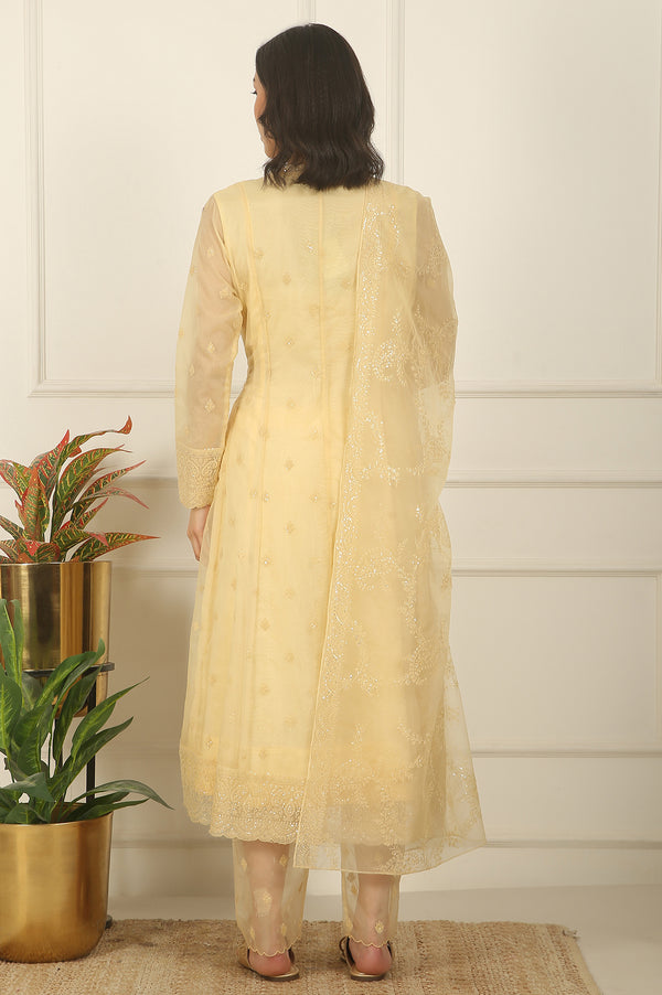 Yellow Embroidered Organza Angarakha Kurta, Pants and Dupatta Set