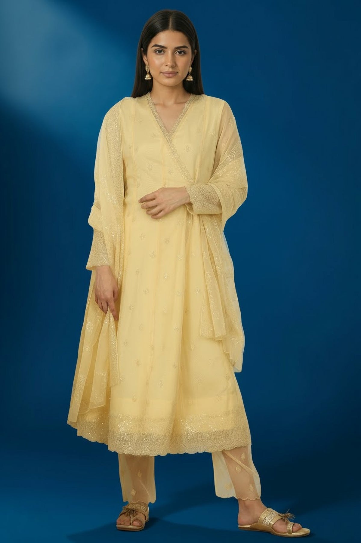 Yellow Embroidered Organza Angarakha Kurta, Pants and Dupatta Set - XS