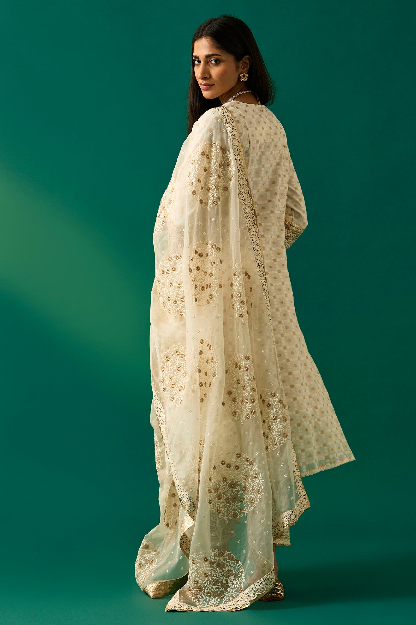 White Heavy Embroidered Anarkali Kurta, Pants and Dupatta Set