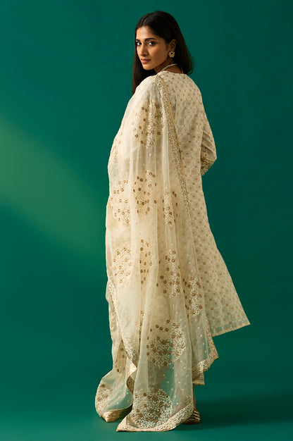 White Heavy Embroidered Anarkali Kurta, Pants and Dupatta Set