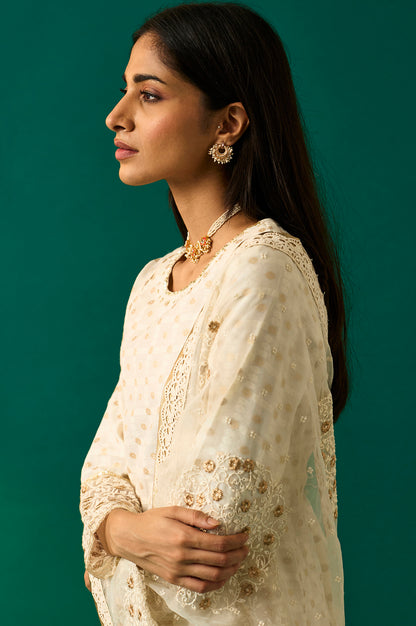 White Heavy Embroidered Anarkali Kurta, Pants and Dupatta Set