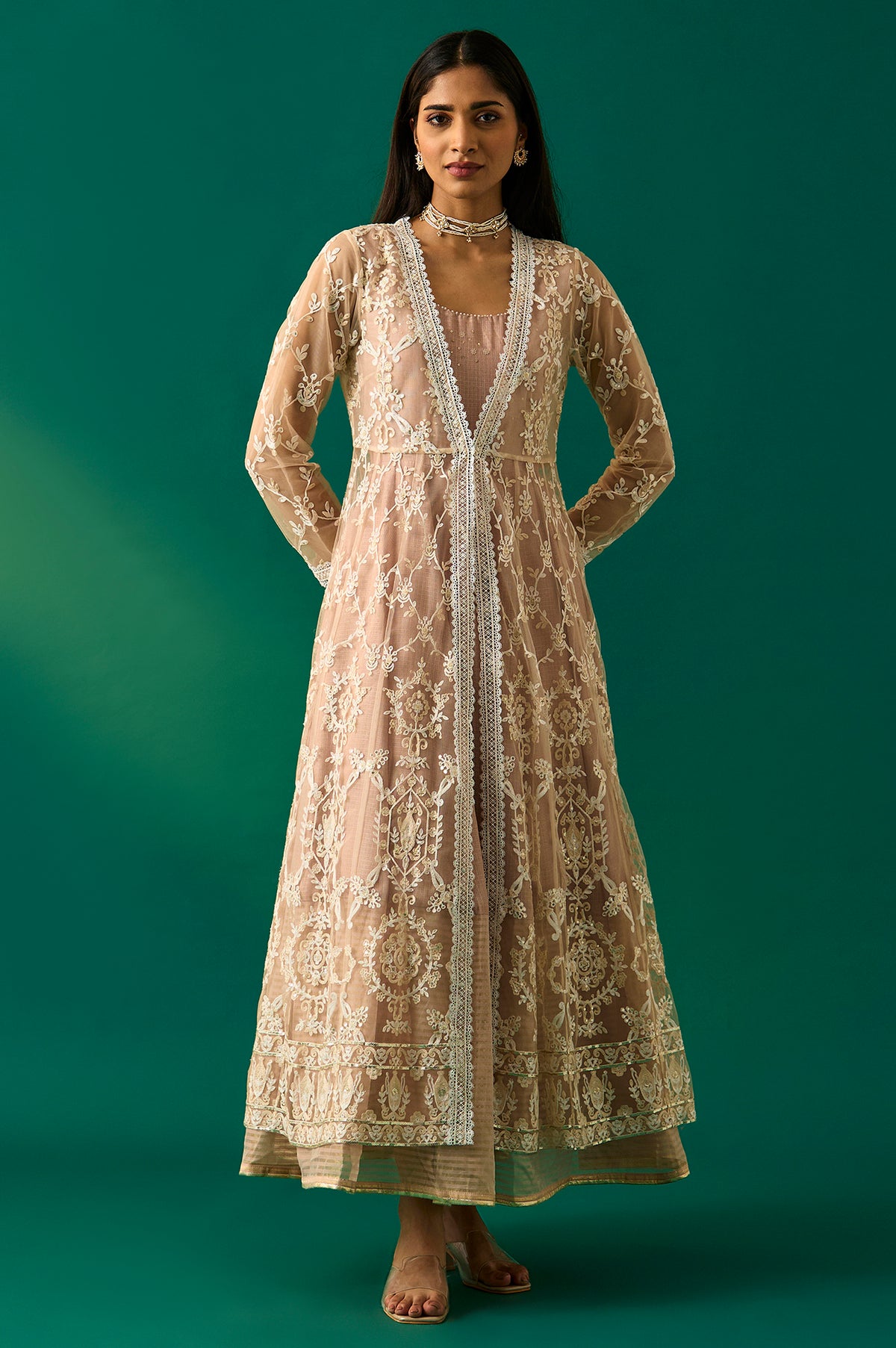 Old Rose Sequin Embroidered Mesh Jacket and Dress Set - XS
