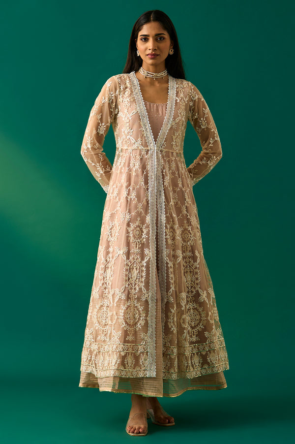 Old Rose Sequin Embroidered Mesh Jacket and Dress Set