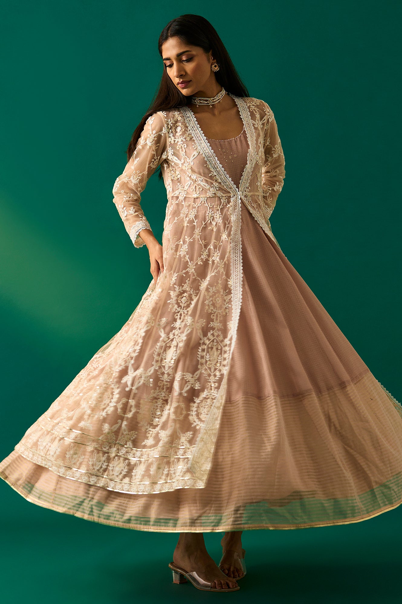 Old Rose Sequin Embroidered Mesh Jacket and Dress Set