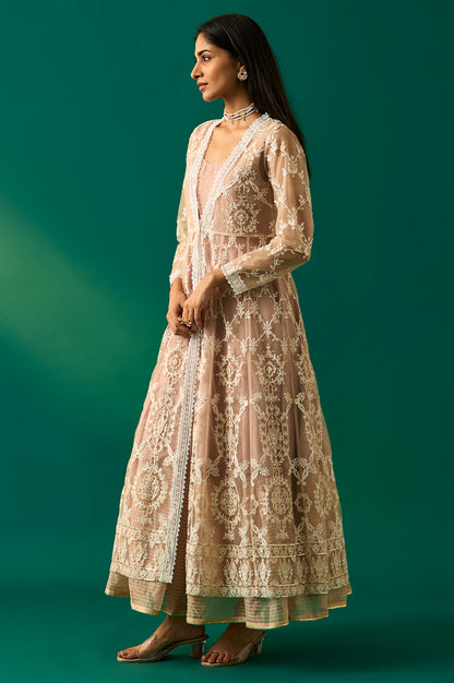 Old Rose Sequin Embroidered Mesh Jacket and Dress Set