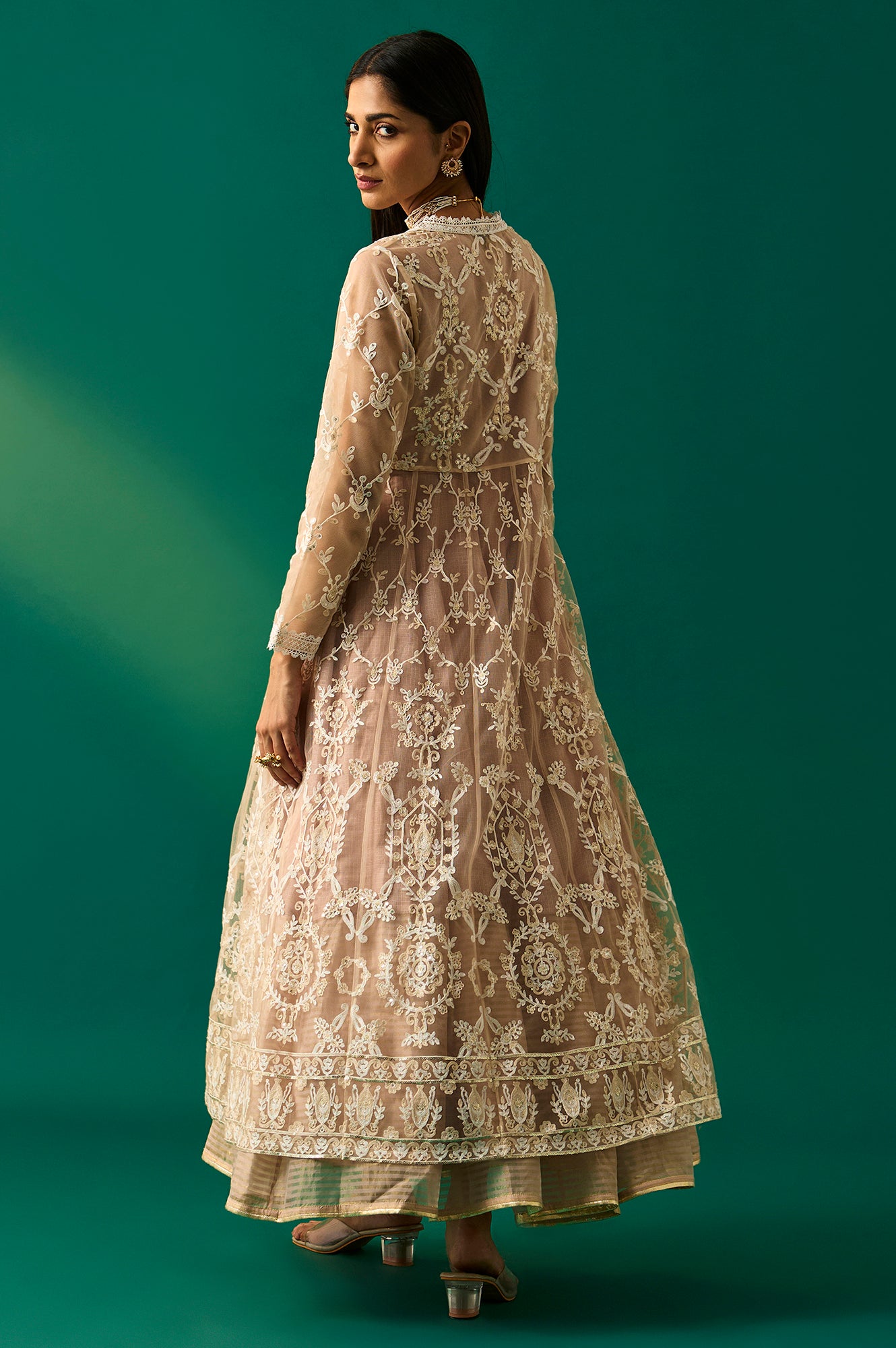 Old Rose Sequin Embroidered Mesh Jacket and Dress Set