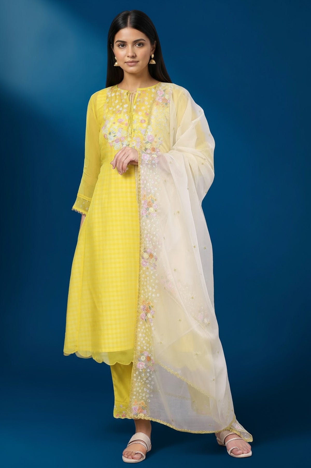 Yellow Embroidered A-line Organza Festive Kurta, Pants and Dupatta Set - L