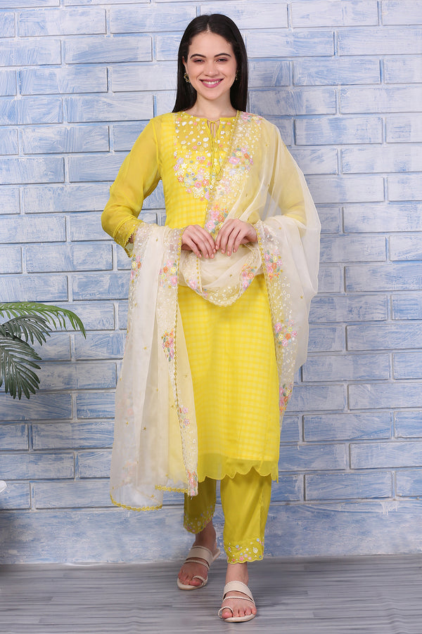 Yellow Embroidered A-line Organza Festive Kurta, Pants and Dupatta Set