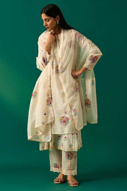 White Floral Printed Mock Layered Chanderi Kurta, Pants and Dupatta Set