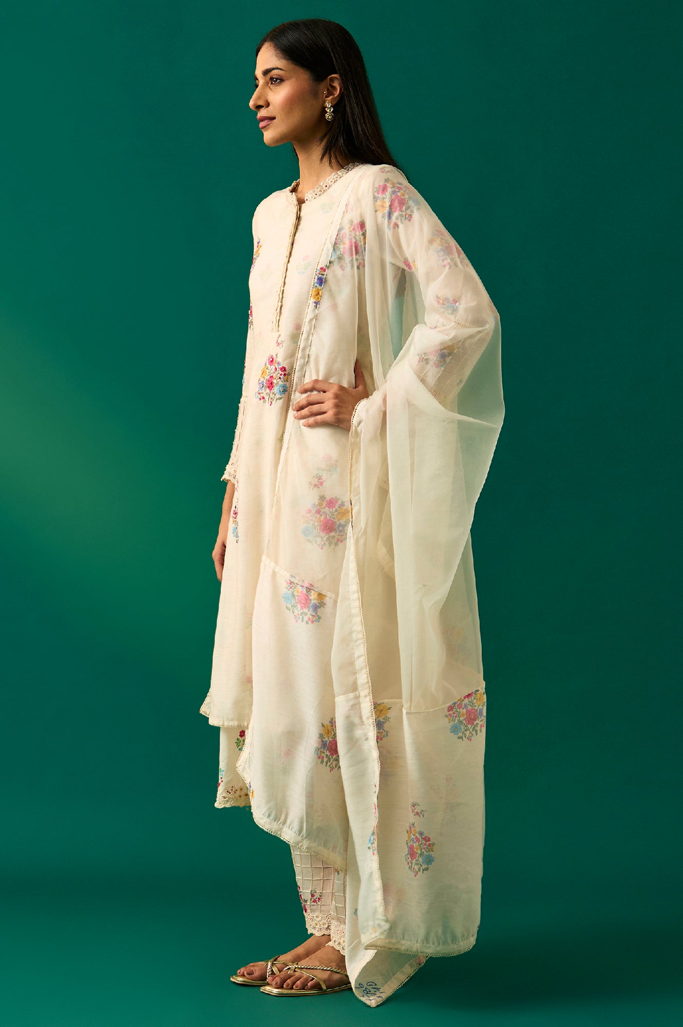 White Floral Printed Mock Layered Chanderi Kurta, Pants and Dupatta Set