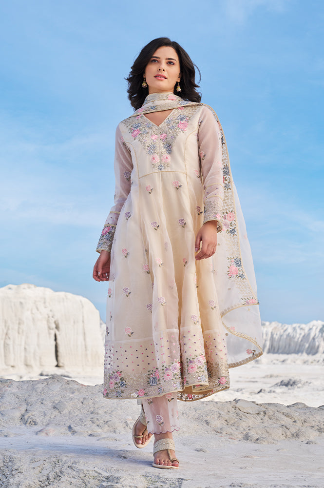 Yellow Embroidered Organza Flared Kurta, Straight Pants and Dupatta Set