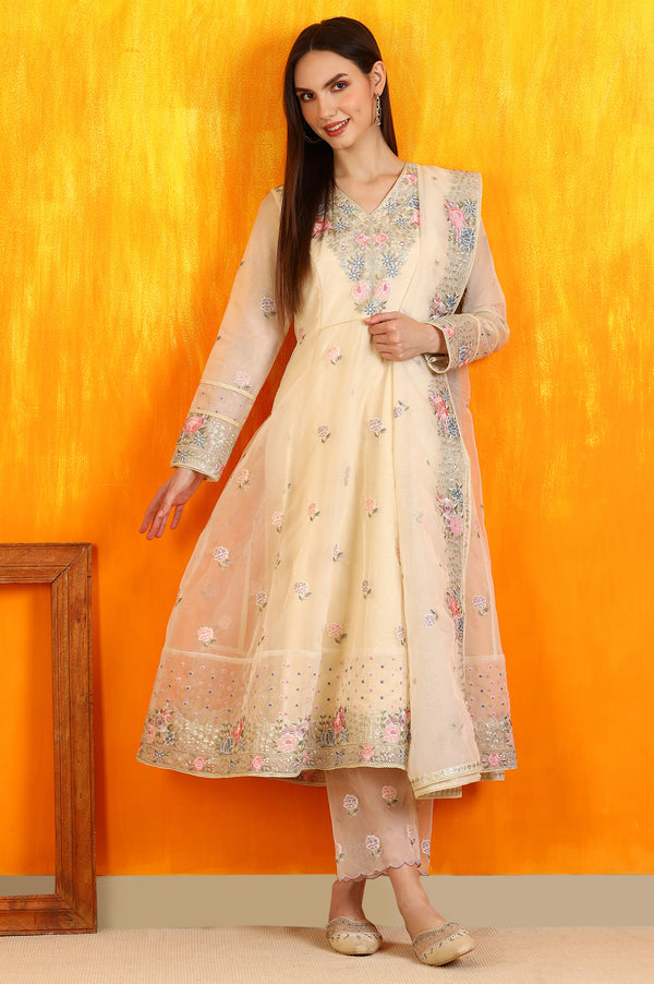 Yellow Embroidered Organza Flared Kurta, Straight Pants and Dupatta Set