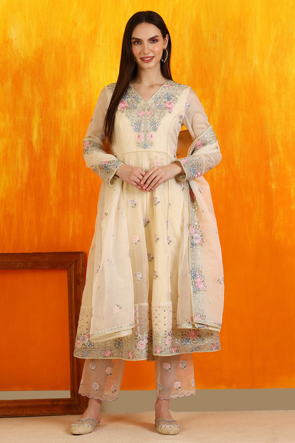 Yellow Embroidered Organza Flared Kurta, Straight Pants and Dupatta Set