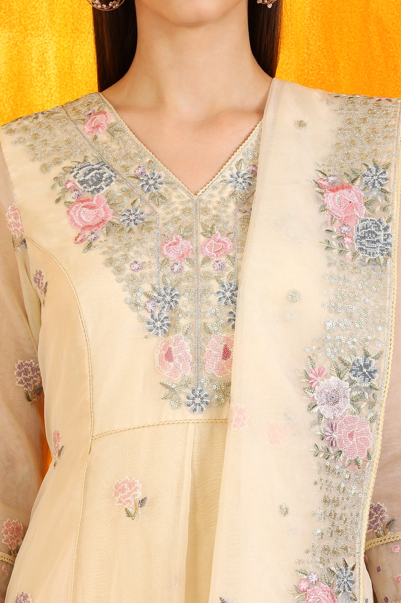 Yellow Embroidered Organza Flared Kurta, Straight Pants and Dupatta Set